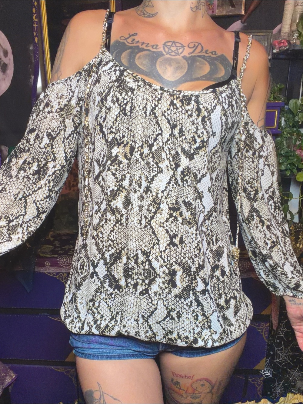 INC Animal Snake Print Cold Shoulder Top Chain Strap Size Small